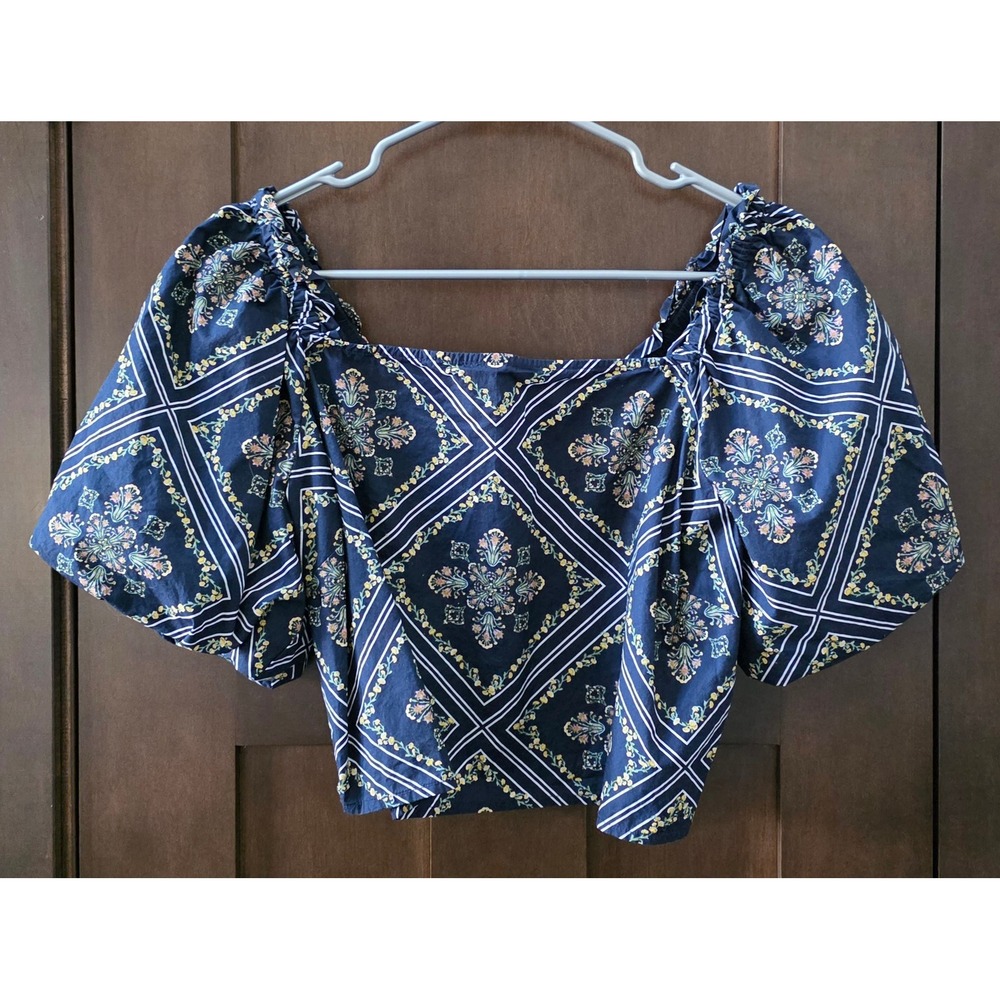Loft Navy Blue Medallion Floral Bandana/Scarf Puff Sleeve Smocked Crop Top Large